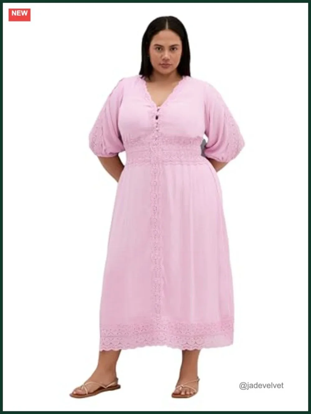 Plus Size V-Neck Midi Dress Linen Blend Puff Sleeve with Lace